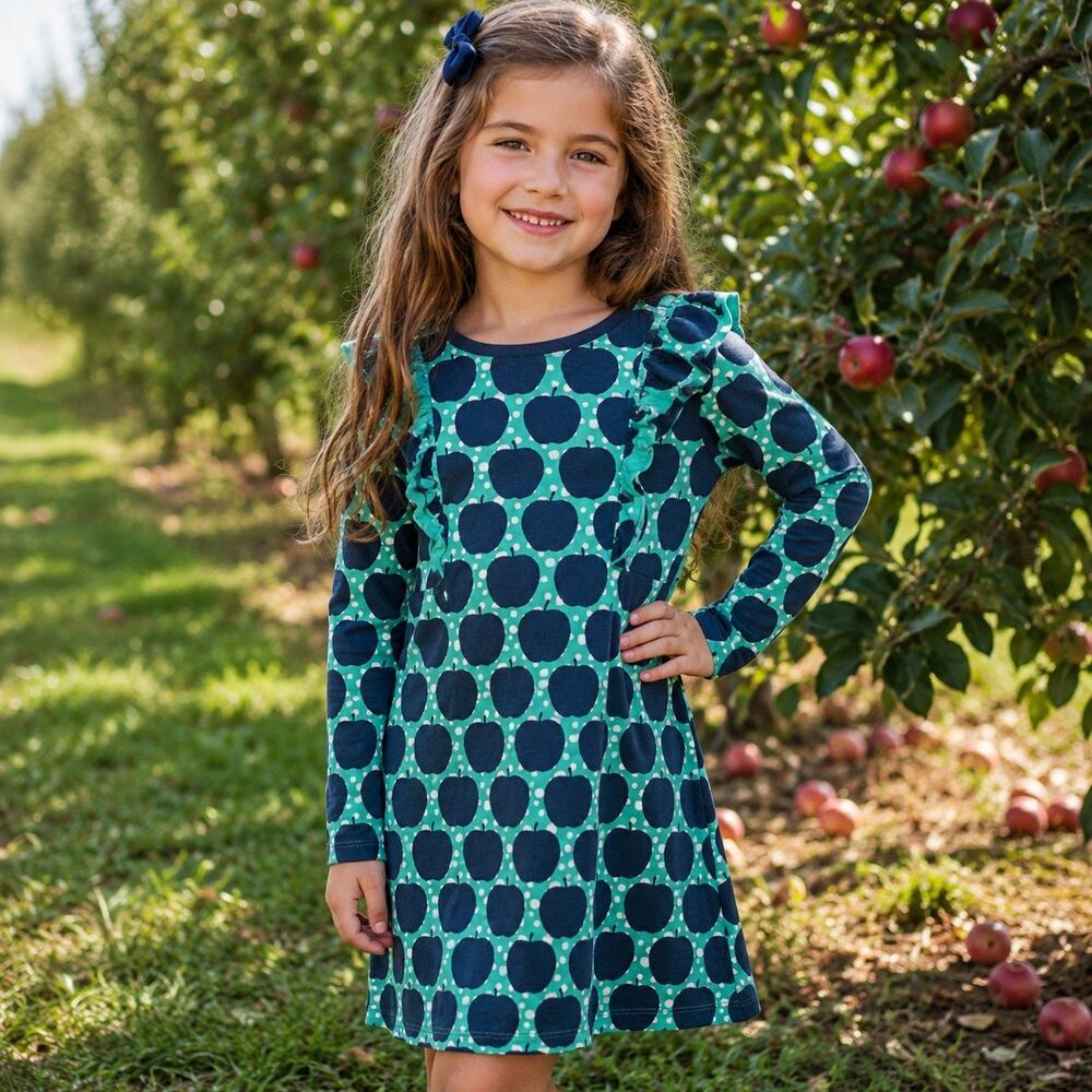 Tea Collection Turquoise Apple Print Cotton Ruffle Dress Girls Size 6